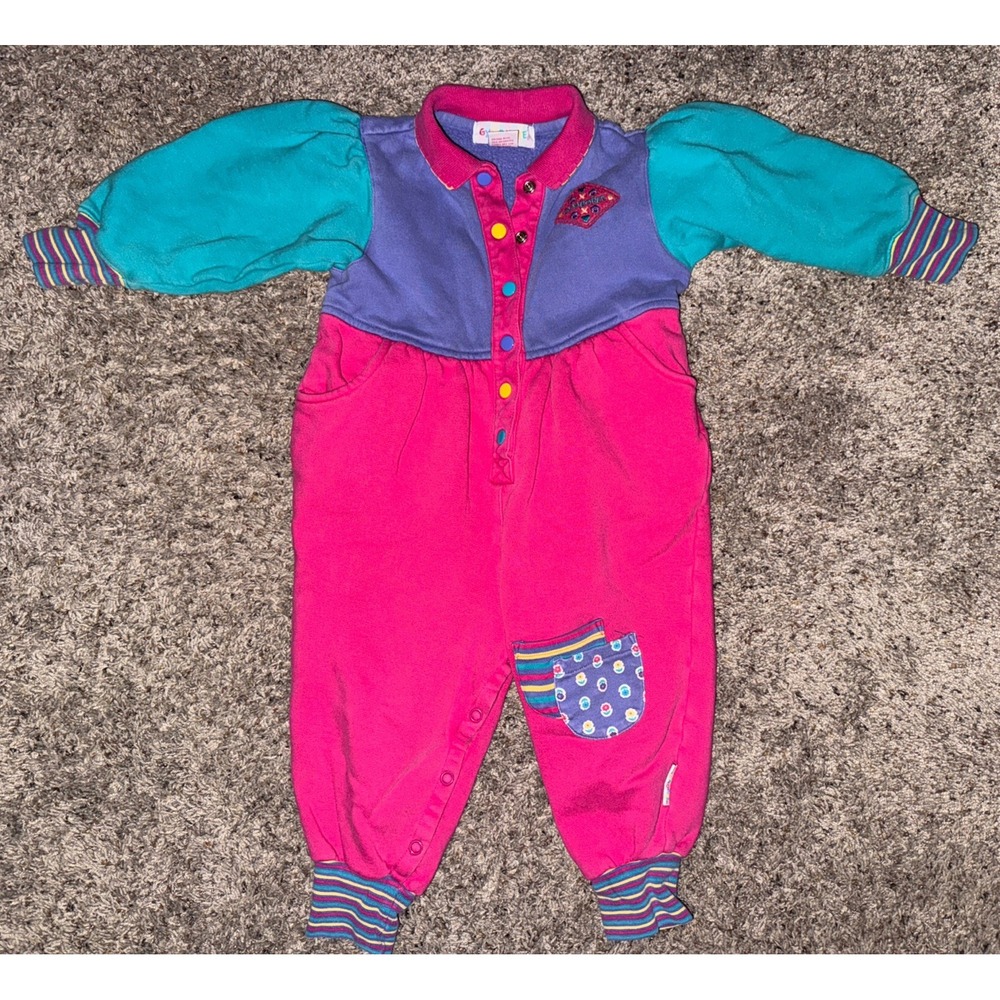 Vintage‎ 90s Gymboree Girl Romper Pink Floral Purple Pink Rainbow Tag Small